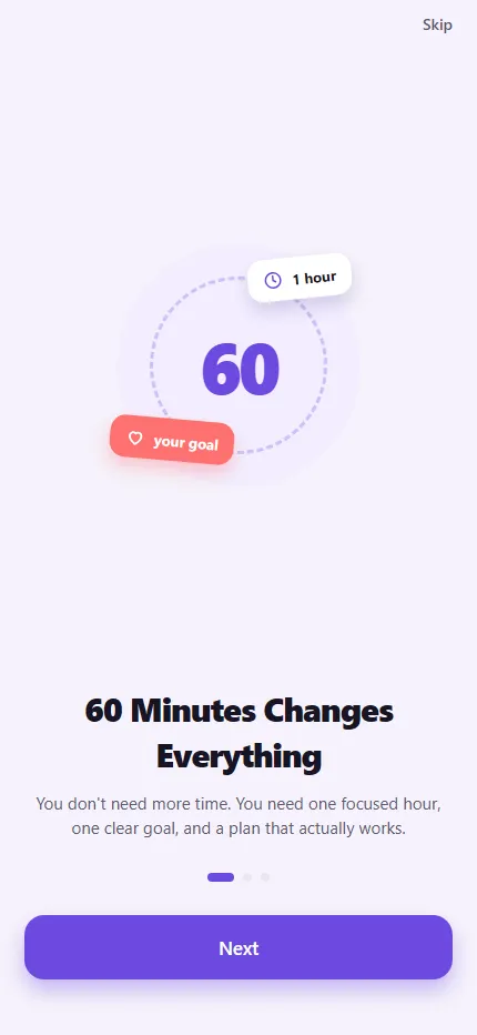 Daily 60 mobile onboarding screen: '60 Minutes Changes Everything' with a goal-and-timer illustration