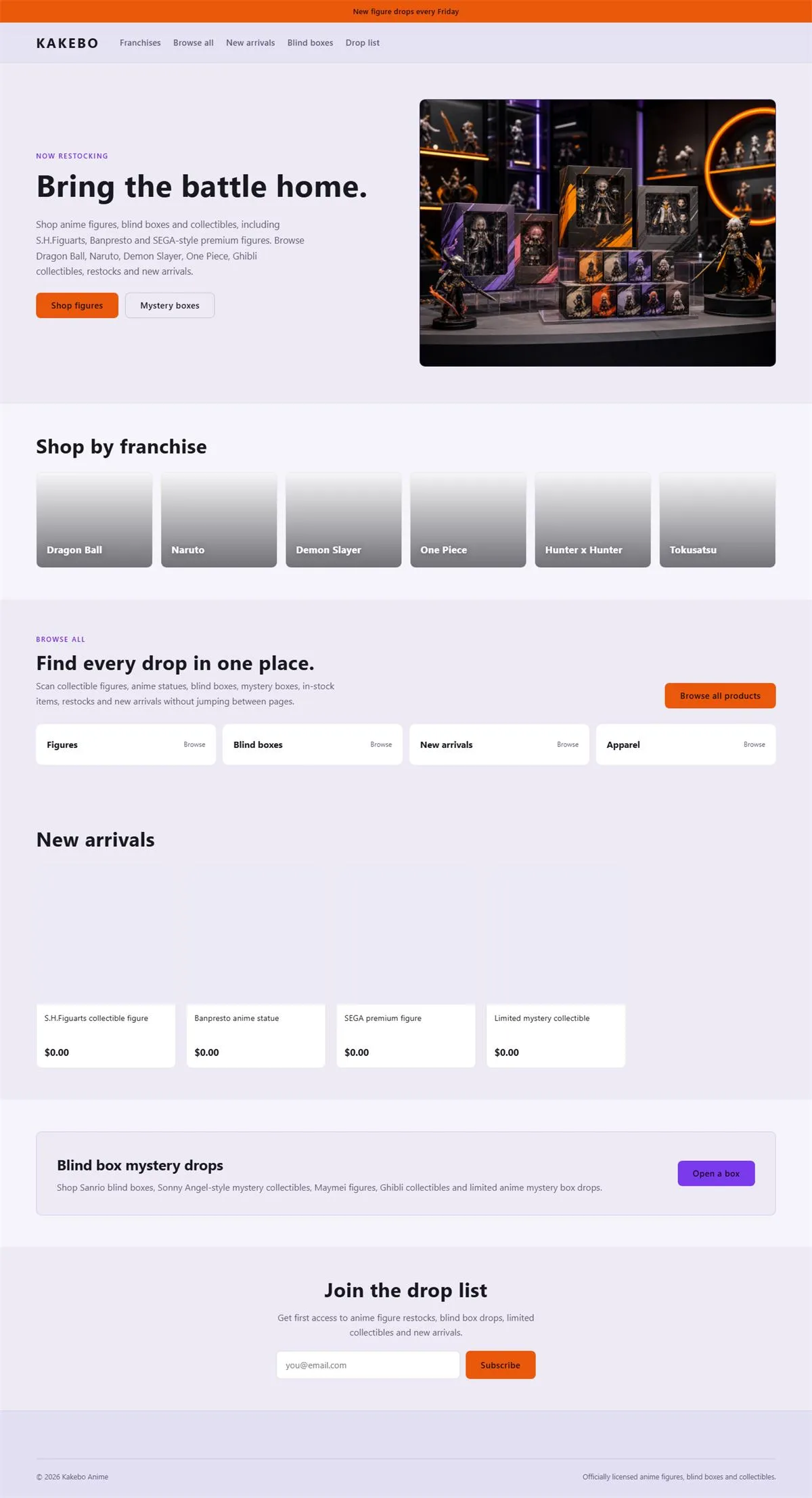 Kakebo storefront homepage: 'Bring the battle home' hero, shop-by-franchise grid, and new arrivals