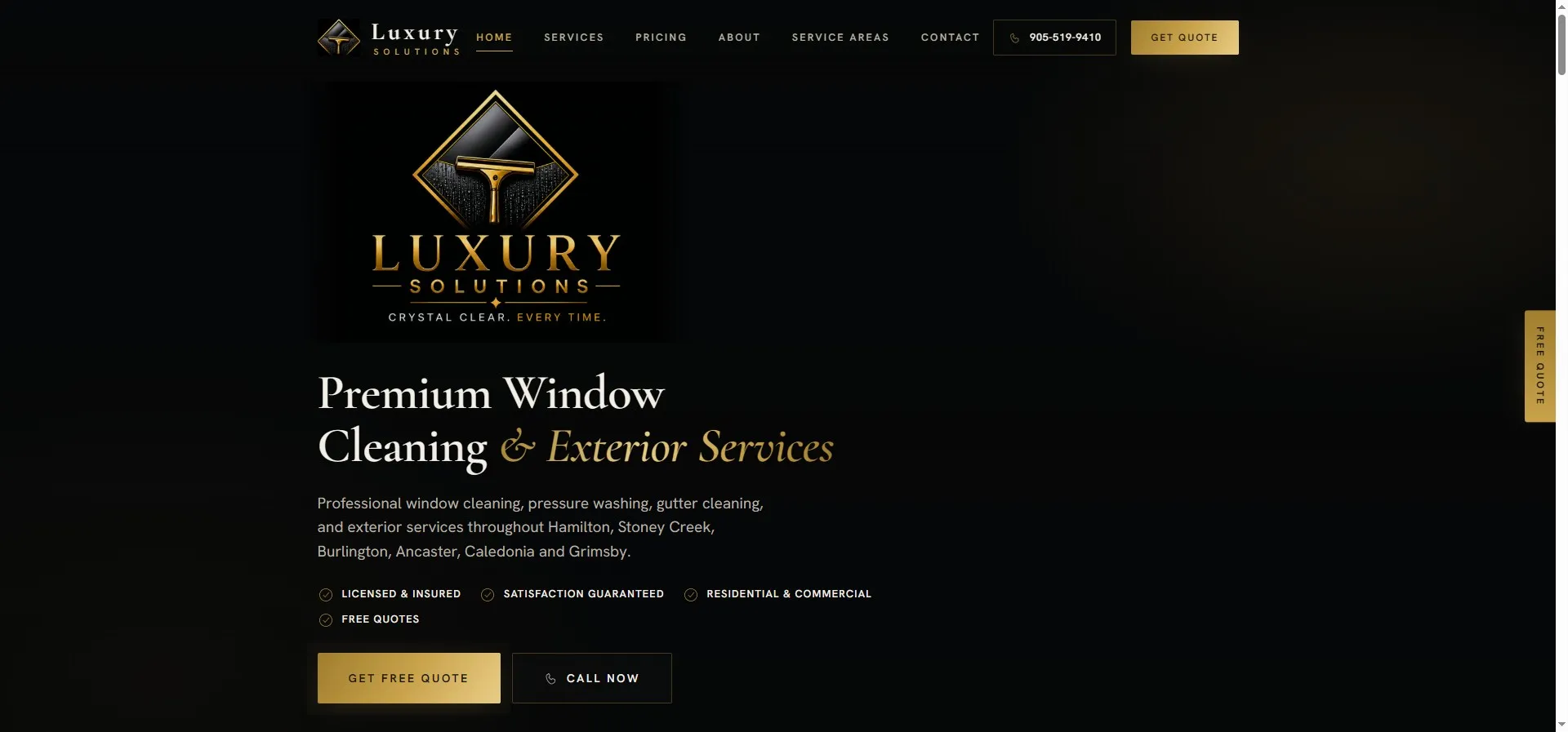 Luxury Solutions homepage: premium window cleaning and exterior services hero with Get Free Quote and Call Now buttons