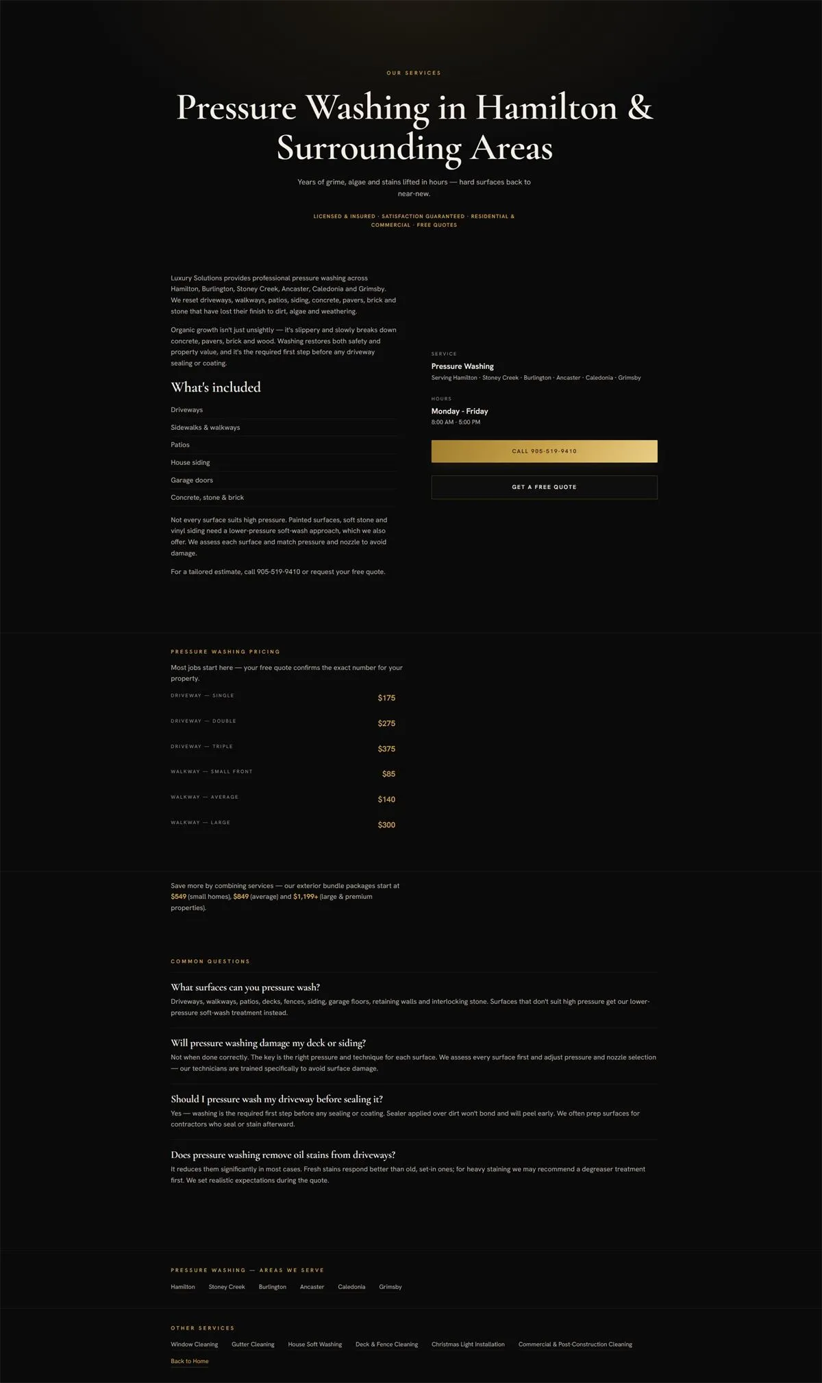 Luxury Solutions pressure washing service page: what's included list, transparent pricing table from $85 to $375, FAQ section, and service-area links